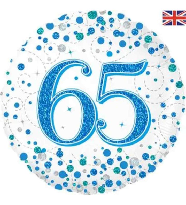18" Oaktree Sparkling Fizz 65th Birthday White/Blue Round