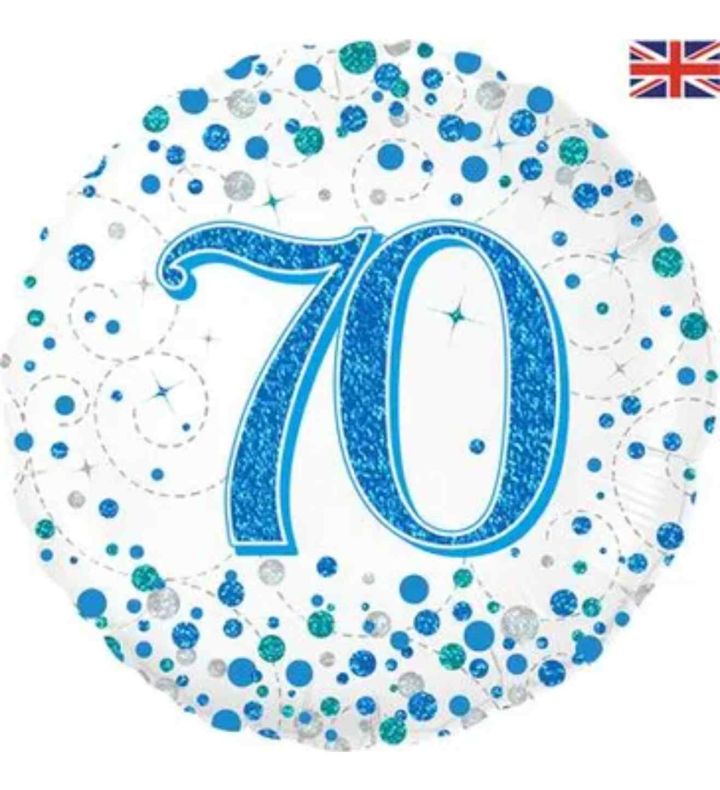 18" Oaktree Sparkling Fizz 70th Birthday White/Blue Round