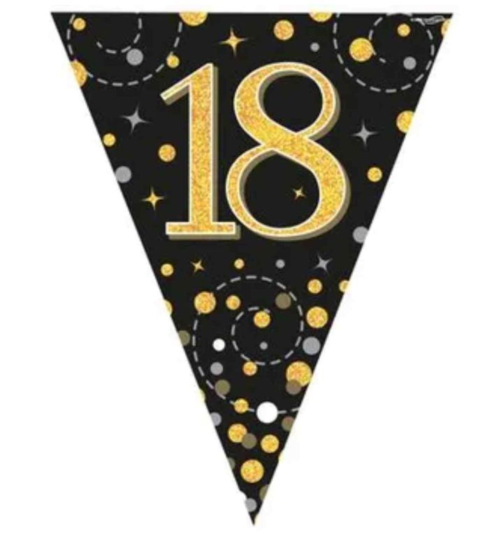 3.9m Oaktree Happy 18th Birthday Black & Gold Bunting