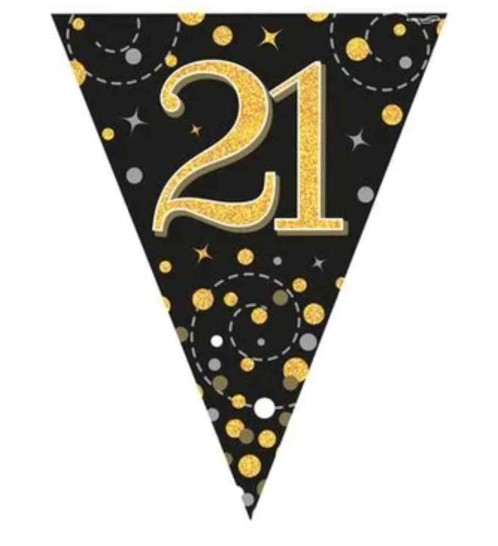 3.9m Oaktree Happy 21st Birthday Black & Gold Bunting