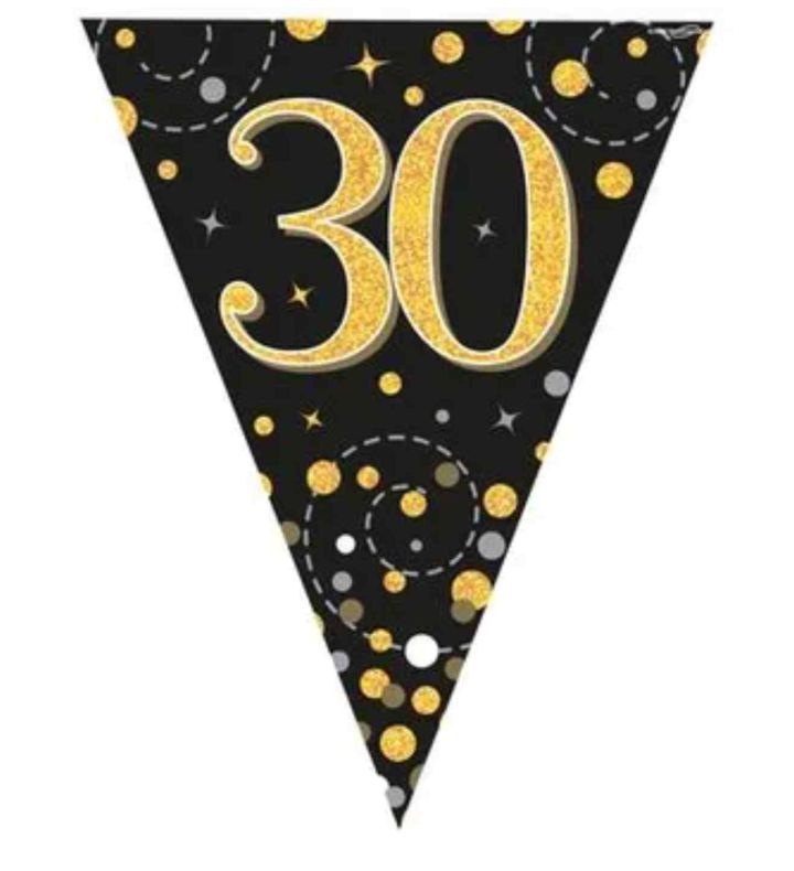 3.9m Oaktree Happy 30th Birthday Black & Gold Bunting