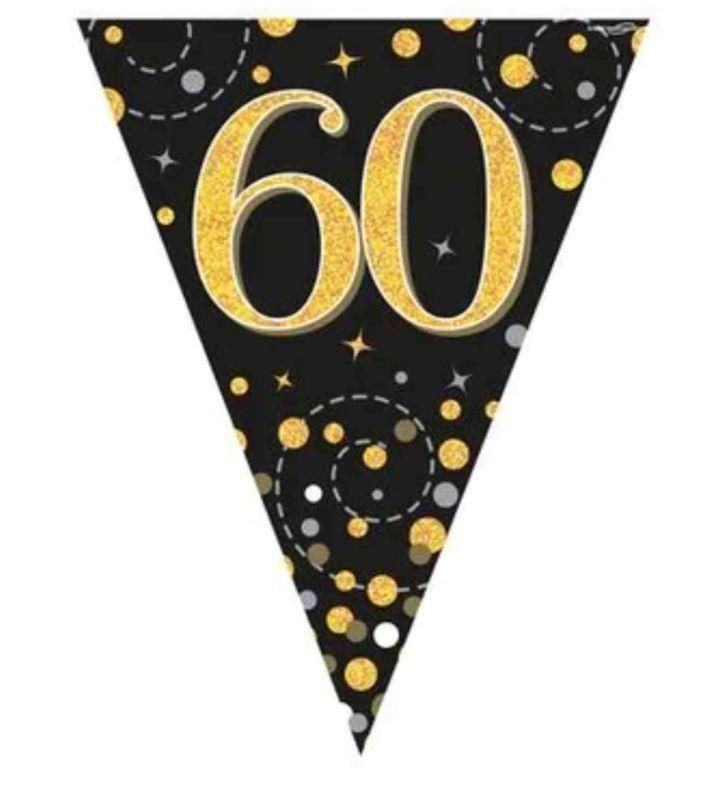 3.9m Oaktree Happy 60th Birthday Black & Gold Bunting