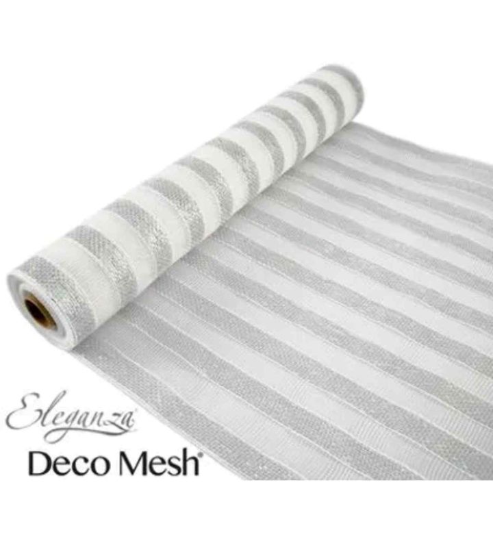 Eleganza Deco Mesh Metallic Stripe Silver/White - 53cm x 9.1m