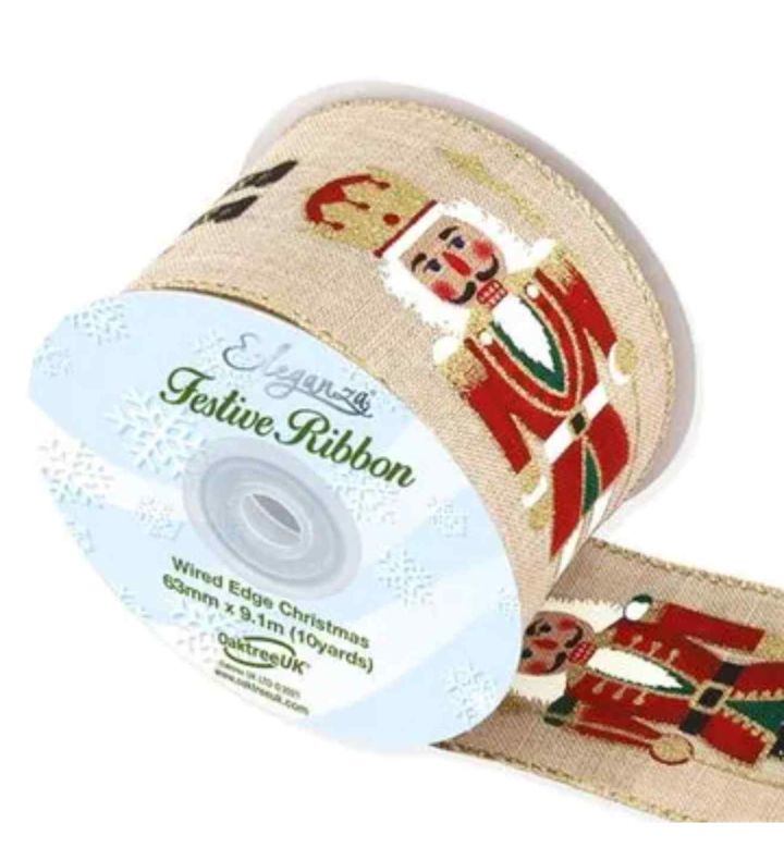 Wired Edge Christmas Nutcracker Natural/Red 63mm x 9.1m