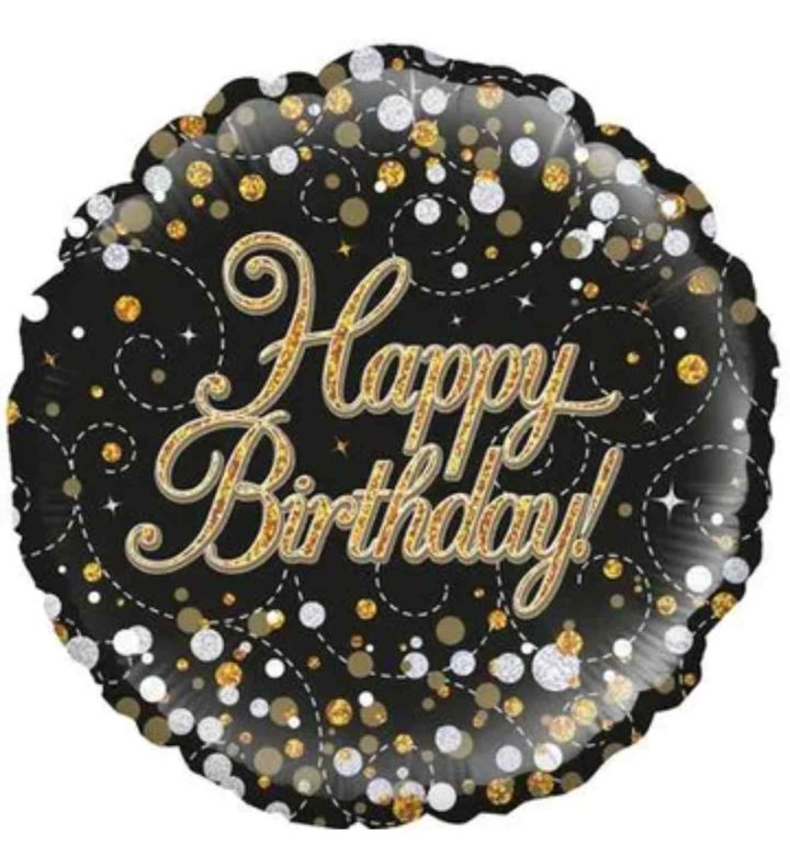 18" Oaktree Sparkling Fizz Birthday Black/Gold Round Foil Balloon