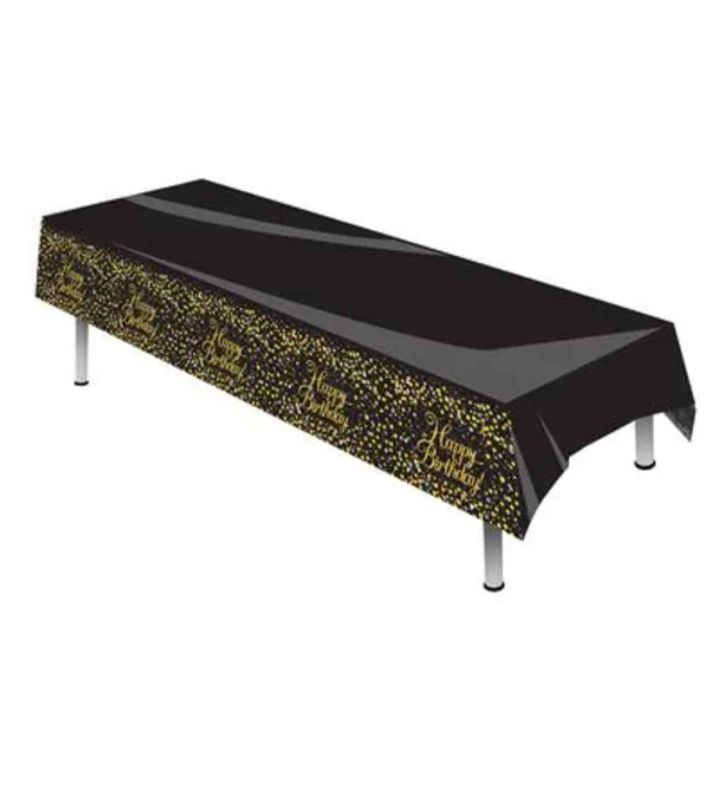Oaktree Happy Birthday Sparkling Fizz Black and Gold Colourfast Plastic Tablecover 137cm x 259cm