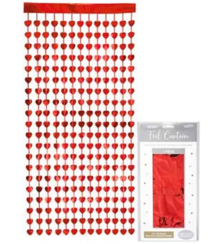 Oaktree Heart Foil Door Curtain 0.9m x 2.5m Metallic Red