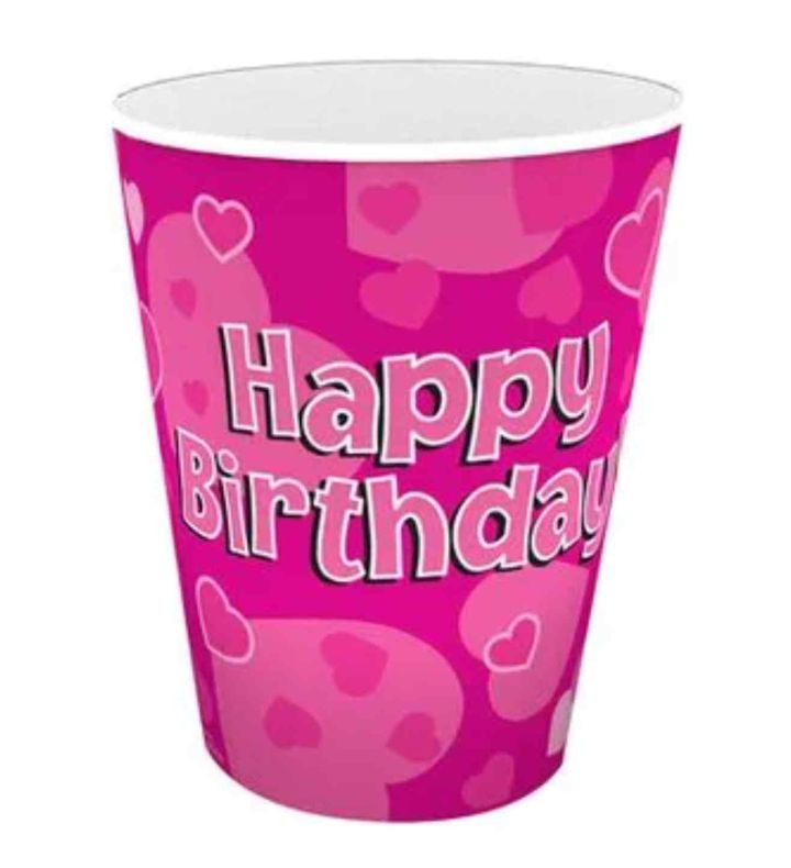 Paper Cups Pink Happy Birthday Heart Design Oaktree 266ml 8pcs