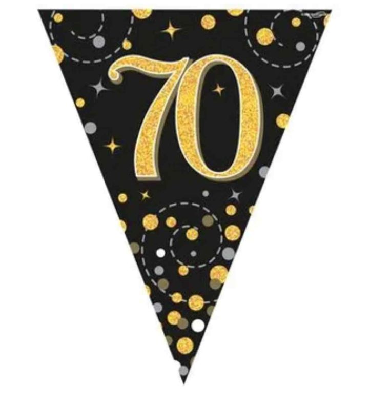 3.9m Oaktree Happy 70th Birthday Black & Gold Bunting