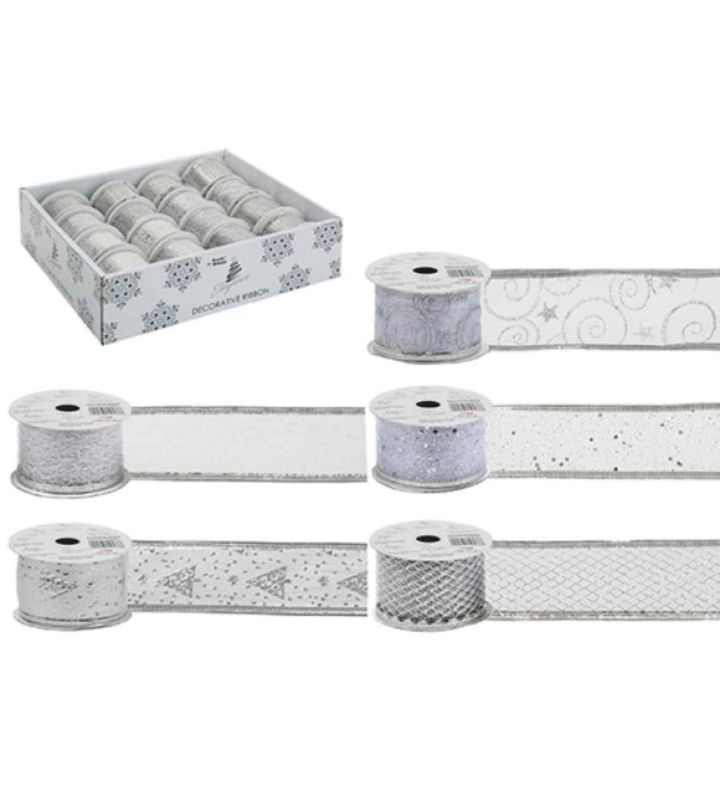2.7m x 5cm PMS Christmas Ribbon Silver Designs Ast. 6ct.