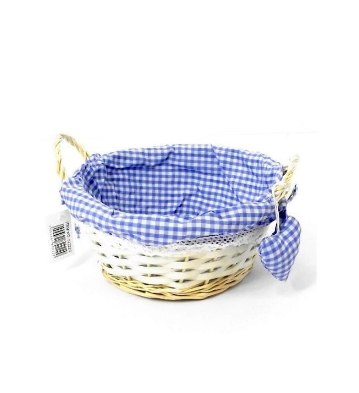 Round Eared Basket with Handles Blue Gingham Cloth Lined with Blue Heart 23cm
