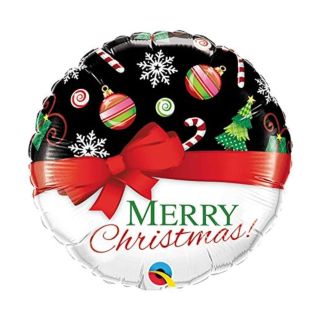 18" Merry Christmas Red Bow and Icons Black and White Round Foil Balloon