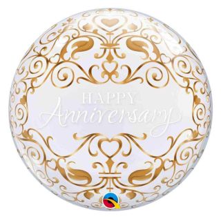 22" Deco Bubble Happy Anniversary Gold and White Balloon