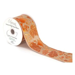 Eleganza Luxury Wired Edge Ribbon Burlap Metallic Gilded Leaves Natural/Copper  No.428 63mm x 9.1m