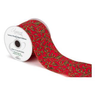 Eleganza Luxury Wired Edge Ribbon Velvet Shimmer Leaves Red/Green No.458 63mm x 9.1m